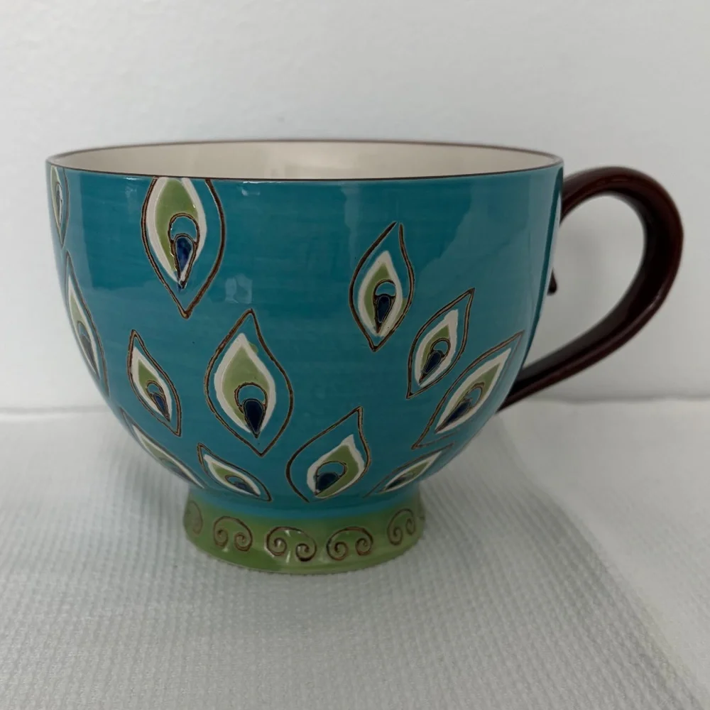 PIER 1 Dolomite Peacock Feather Hand Painted Mug Cup